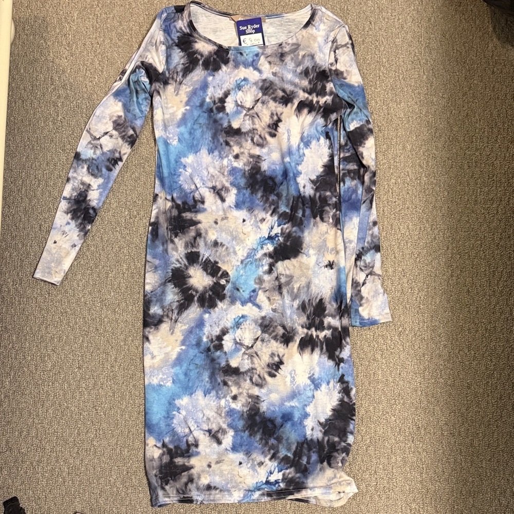Indigo Blue Cloudy Tie-Dye Long Sleeve Dress